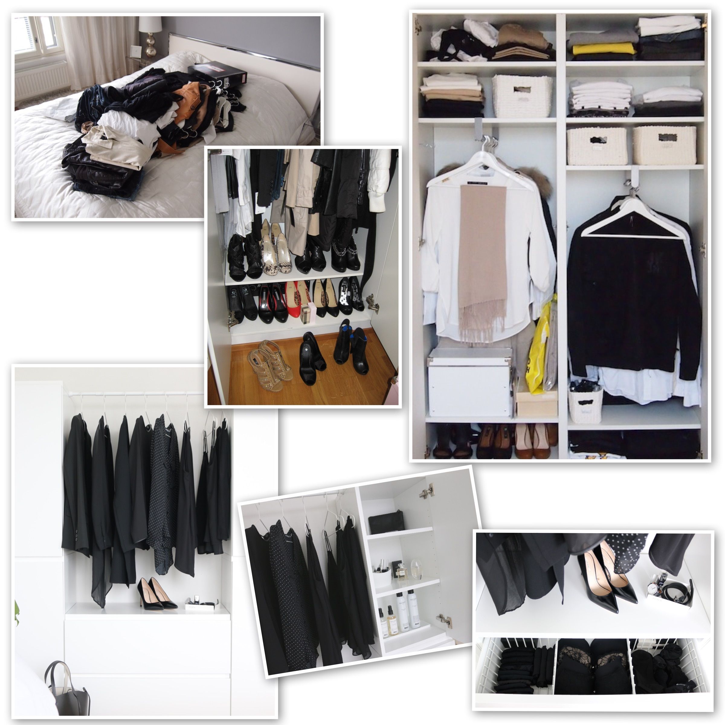 Vaatekaapit ennen raivausta ja sen jälkeen. "Pussitin päivässä kahdeksan täyteen sullottua jätesäkillistä kierrätettäväksi eteenpäin."