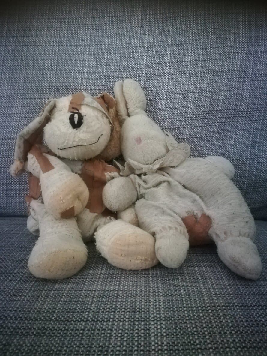 ”Kuvassa on meidän lasten unikaverit. Tassu-koiran omistaja on tosin jo 18-vuotias ja hoitovastuu on siirtynyt 9-vuotiaalle pikkusiskolle. Pupu on ollut tyttäremme vieressä ihan vauva-ajoista asti. Edelleen aamu alkaa Tutun rutistelulla ja samoin uni tulee Tutua rutisteltaessa. Pestä näitä ei juurikaan enää uskalla eikä paikata muuta kuin laastareilla ja haavateipillä. Tutu on matkustanut mukanamme ympäri maailmaa, ja itku tuli aina kun Tutu joutui lentokentällä läpivalaisuun. Päiväkodissa Tutu kulki myös joka päivä mukana.” Ransu