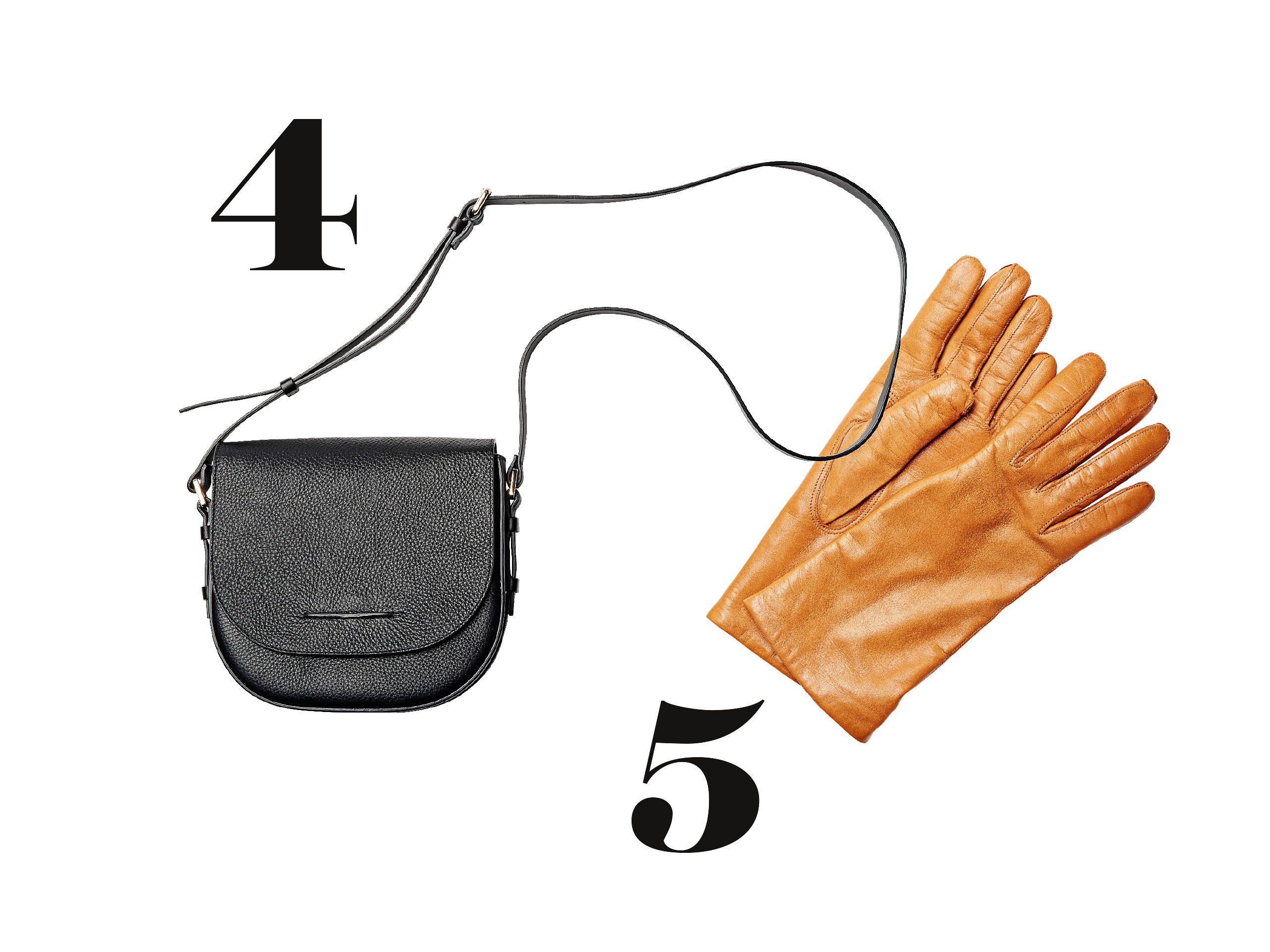 Laadukasta nahkaa. Olkalaukku 195 e, Whistles. Hansikkaat 119 e, Hestra.