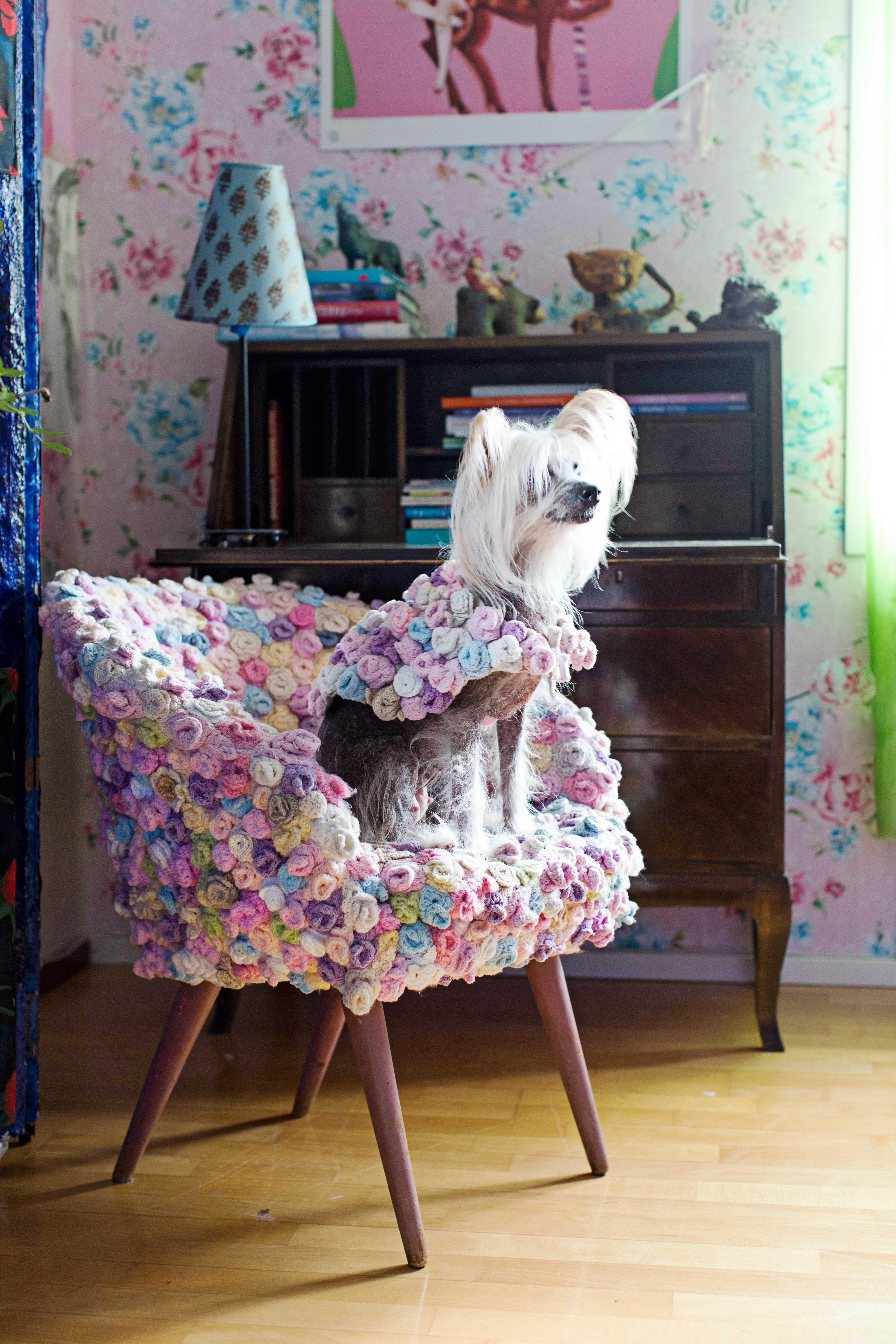 ”Käsilläni on aina oltava jotain näprättävää. Vanha nojatuoli, jonka verhoilin virkatuilla ruusuilla, on siitä hyvä esimerkki. Tyttäremme kiinanharjakoira Lotta sai samaa sarjaa olevan takin.”