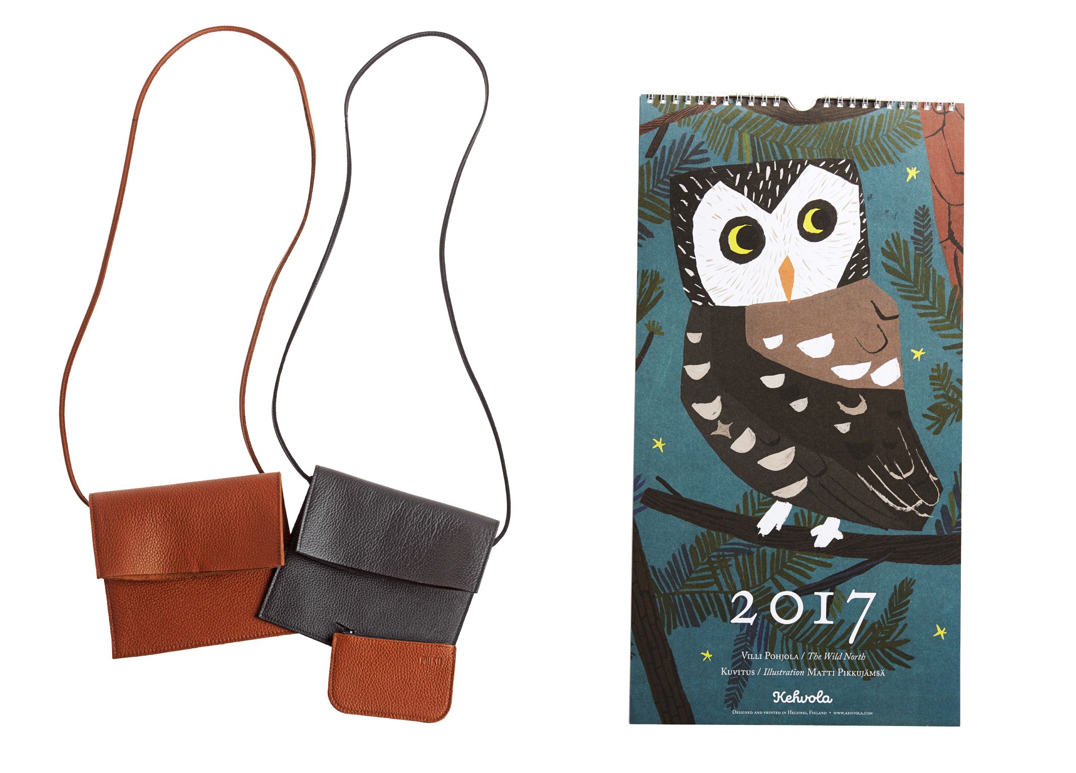 Jemma-laukku, 15 x 19 cm, on pehmeää hirvennahkaa, 59 e, Emma Shop. Kehvolan Villi Pohjola -seinäkalenteri, 19,90 e Tre.