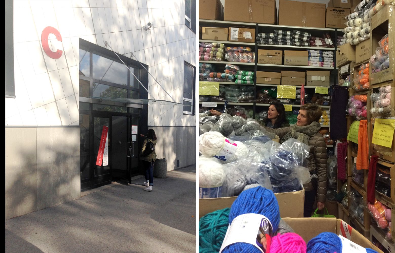 Karnaluksin sisäänkäynti näyttää vain tavalliselta kerrostalon rappukäytävältä, mutta perillä odottaa hyllyittäin villalankaa ja muita käsityötarvikkeita.