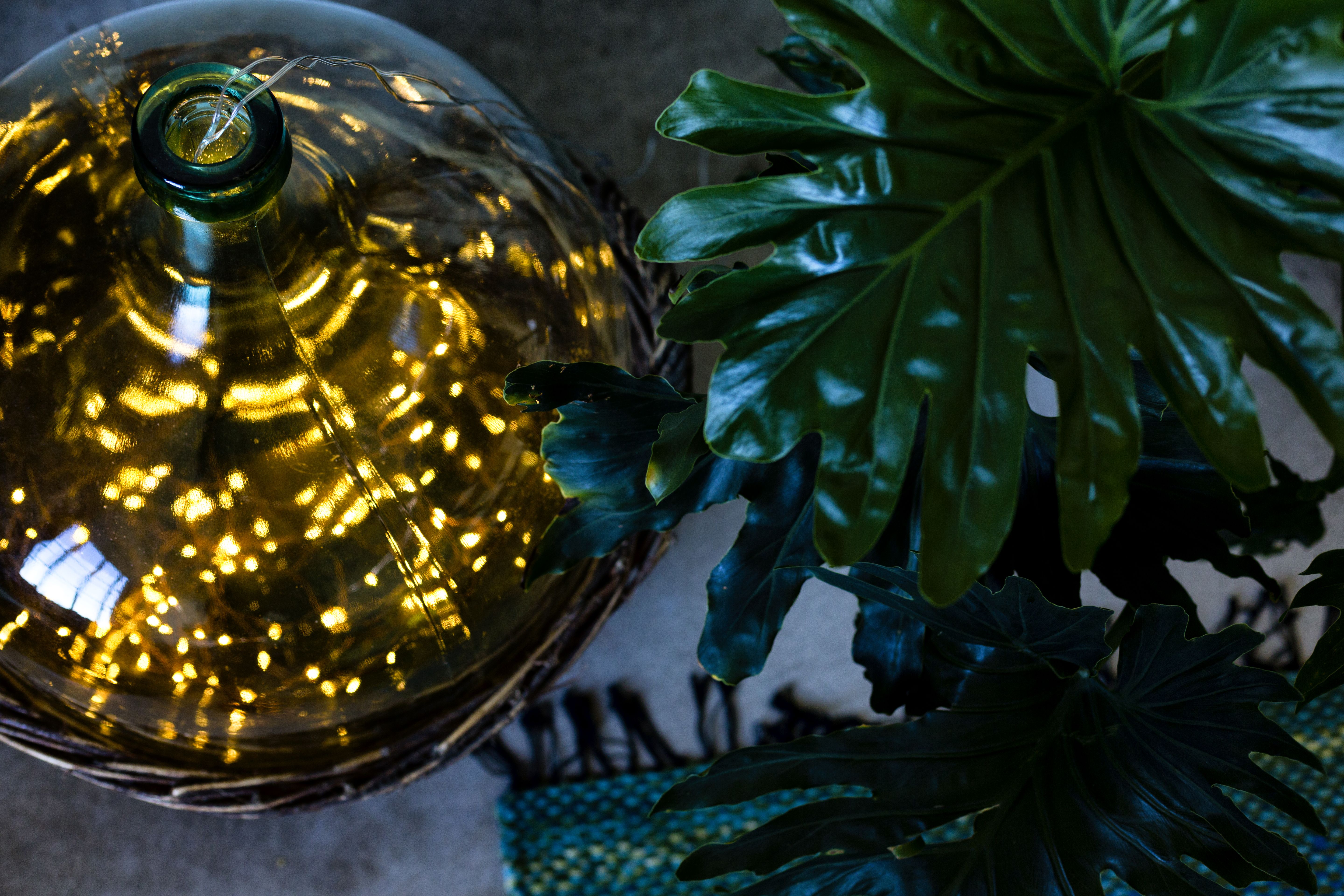 Vanha viininkäymisastia toimii näyttävänä sisustuselementtinä, kun pullon sisään pujottaa valonauhan.