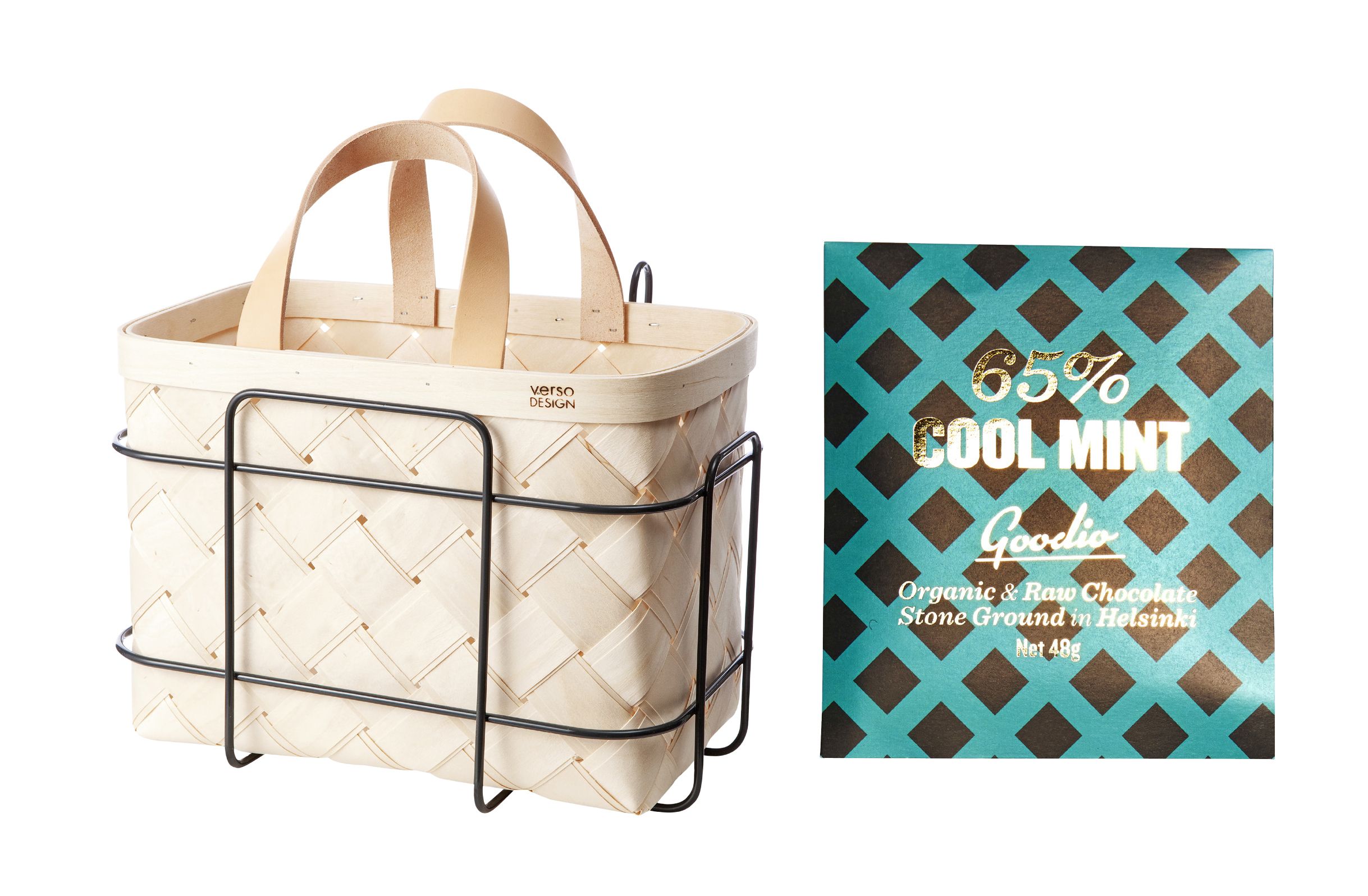  Lastu-pyöräkori ja metallirunkoinen teline, 119,90 e, Versodesign. Goodio-luomusuklaat tehdään Helsingin Suklaatehtaalla pavusta patukaksi, 4,95 e. 