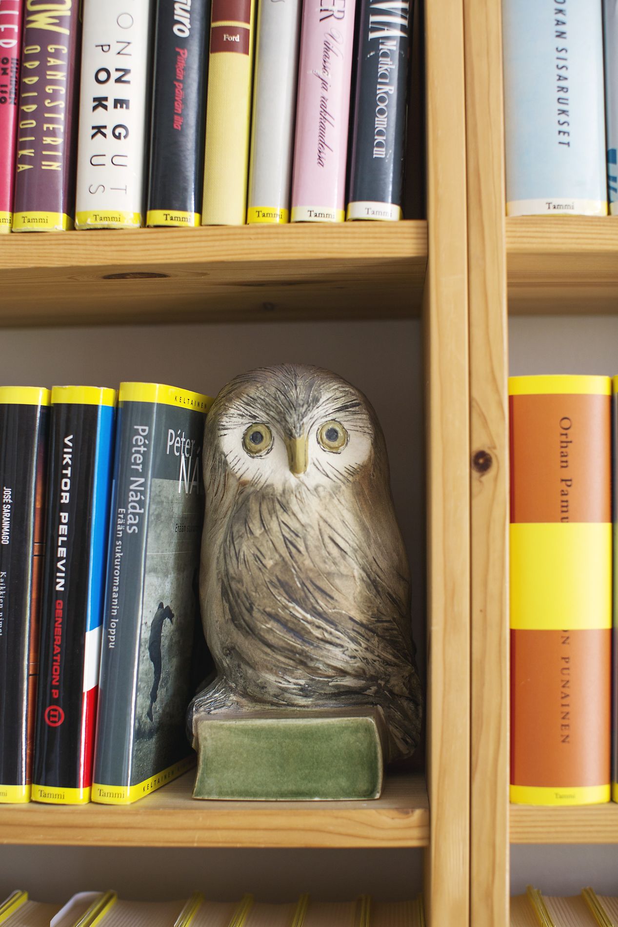 Kirjoja vartioi pöllö, jonka Outi sai tunnustukseksi pokkarikulttuurin edistämisestä.