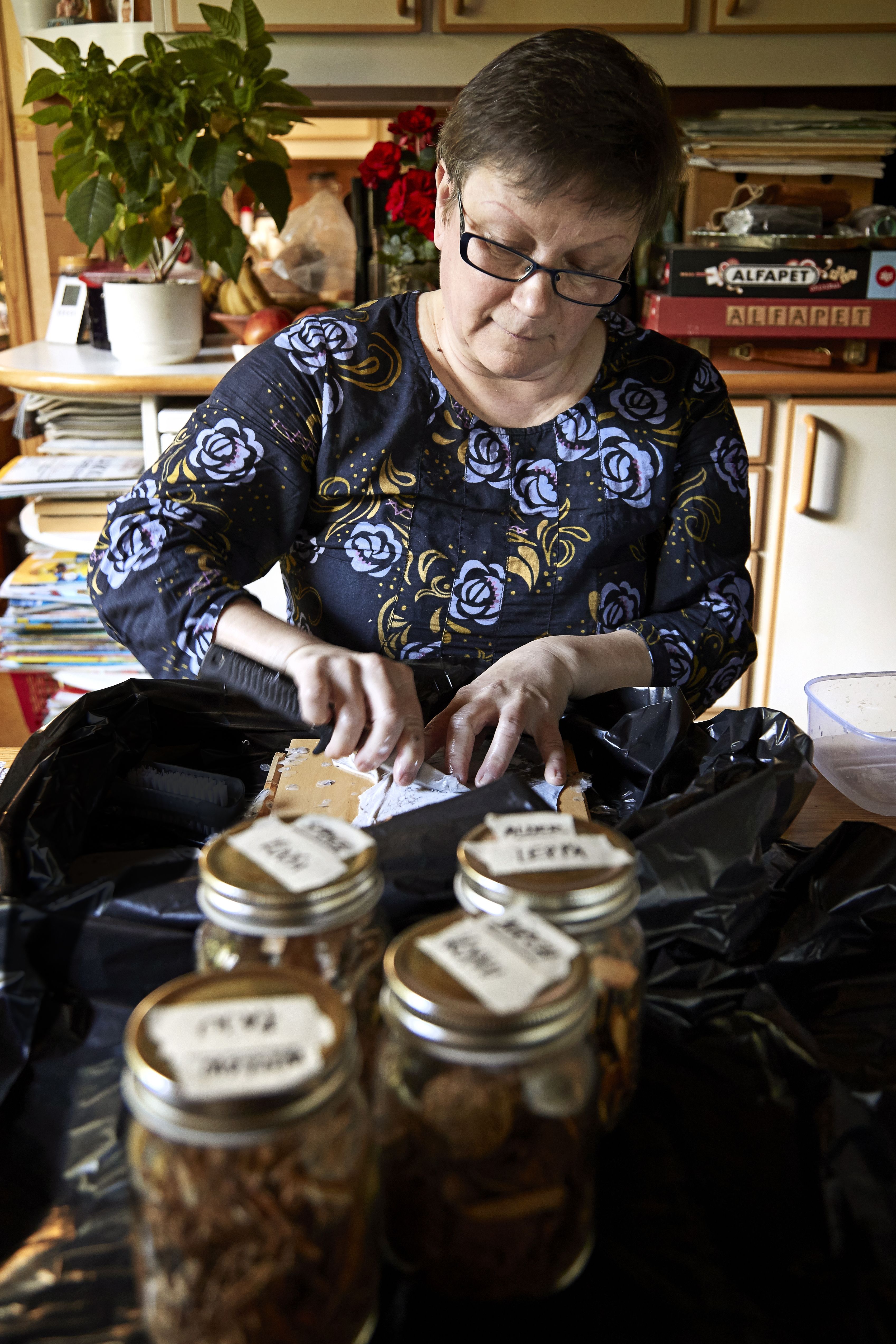 Anne kerää ja kuivaa leppää, kuusta, koivua ja pajua. Niiden kuoren alla on parkkiaineita eli tanniineja.