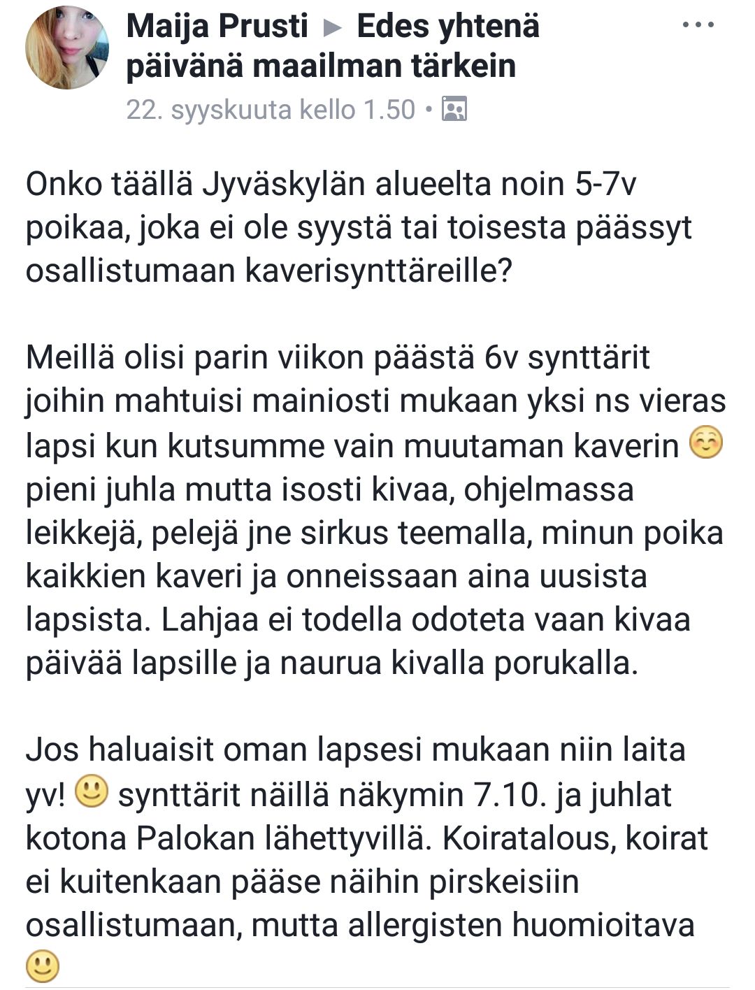 Maijan FB-ilmoitus tavoitti tärkeimmän: pienen juhlavieraan.