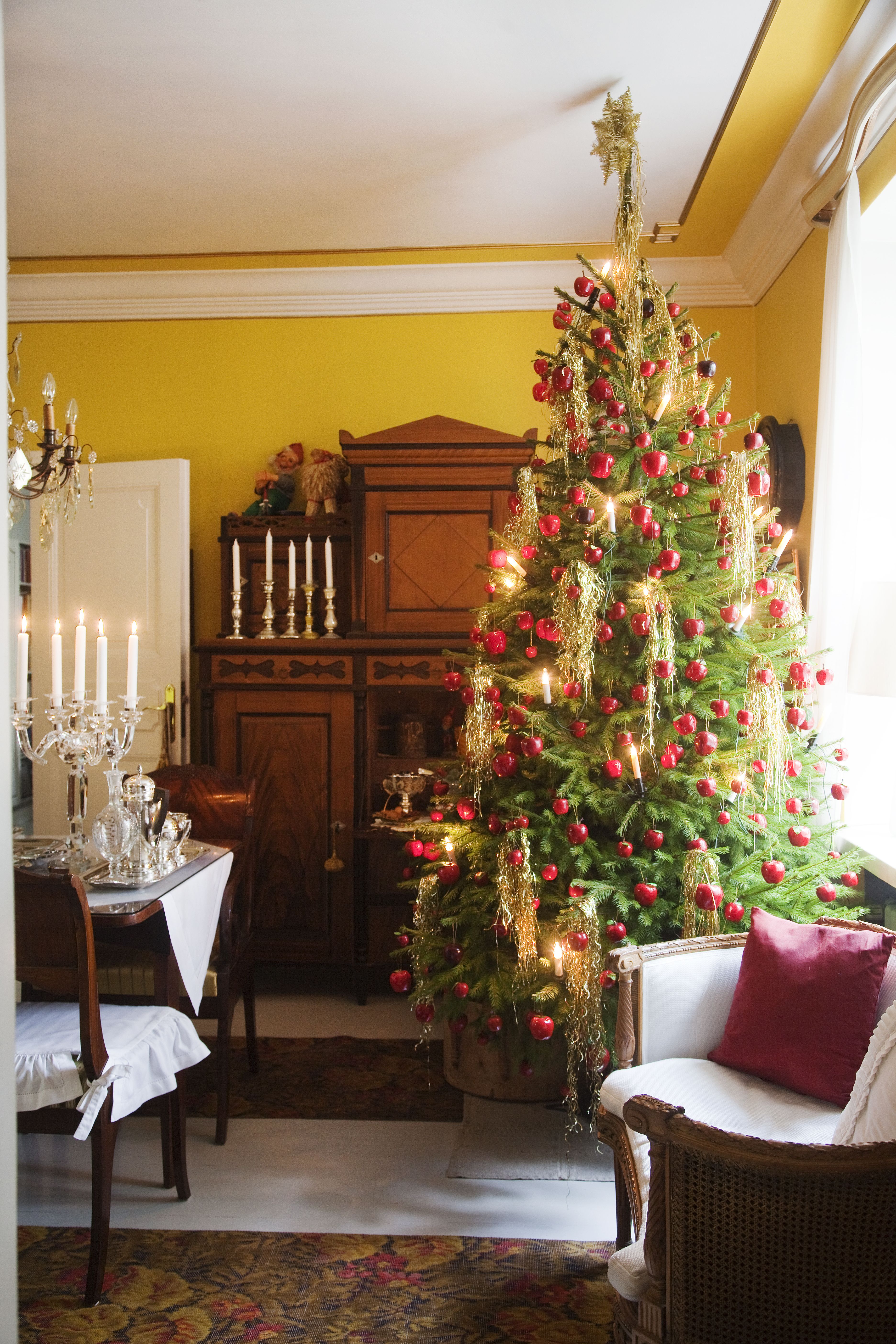 Reilut sataviisikymmentä koristeomenaa ja kultalame koristavat Metsäylioppilaiden luomukuusta.