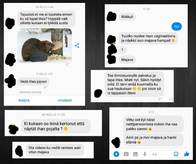 Muun muassa tällaisia viestejä kiusaajat kirjoittivat sosiaaliseen mediaan.