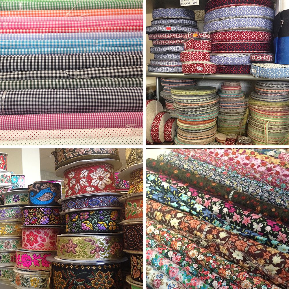 Karnaluksin nauhahyllyt ovat vaikuttavia ja puuvillojen kuosit houkuttavia. Kangasvalikoimista löytyy myös kattavasti eri vahvuisia pellavia sekä uutuutena kuositrikoita.