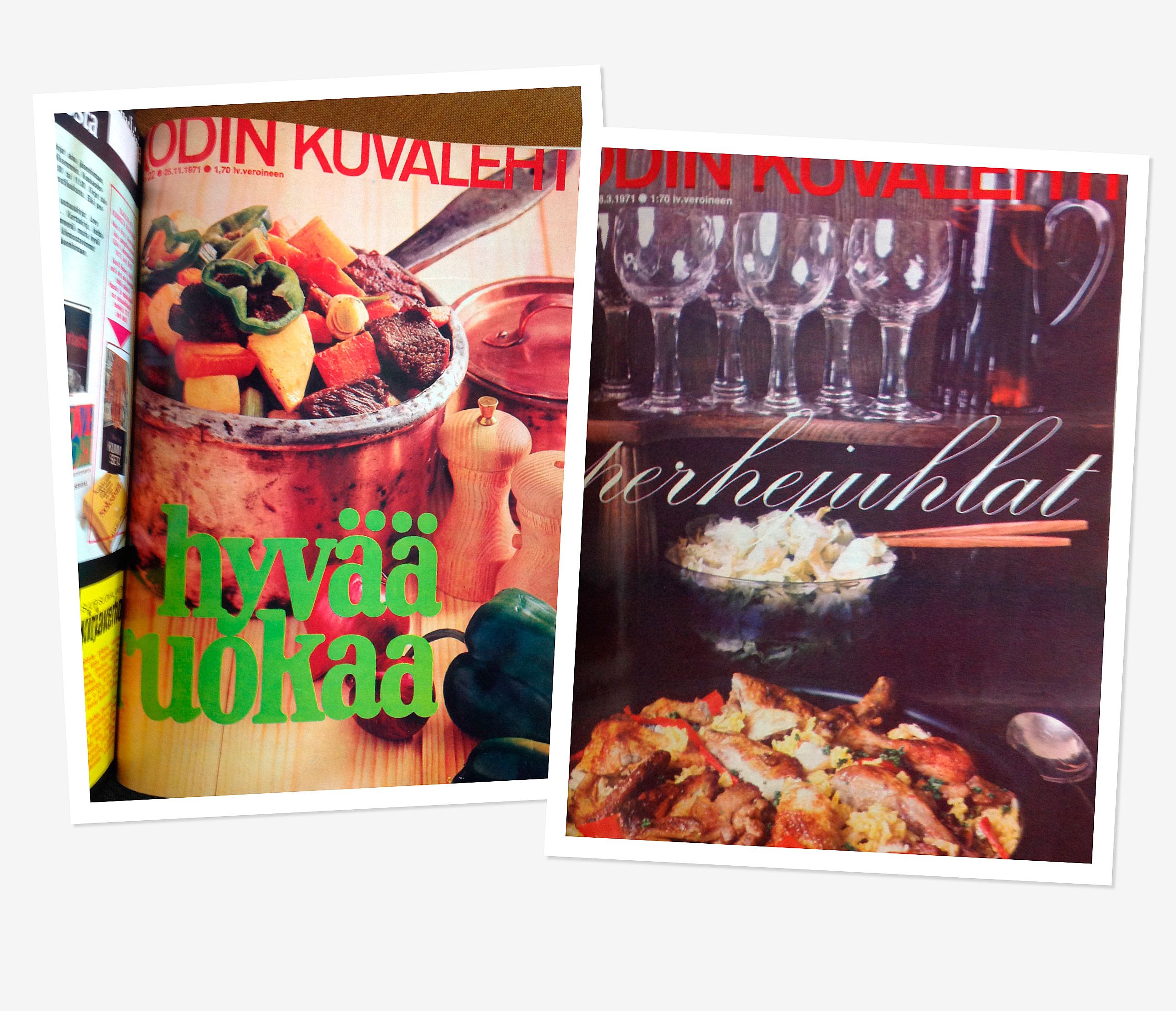 Vuonna 1971 Kodin Kuvalehden kannessa ei löpisty turhia. Otsikoksi riittivät ytimekkäästi "hyvää ruokaa" ja "perhejuhlat". Kuva sai puhua puolestaan.