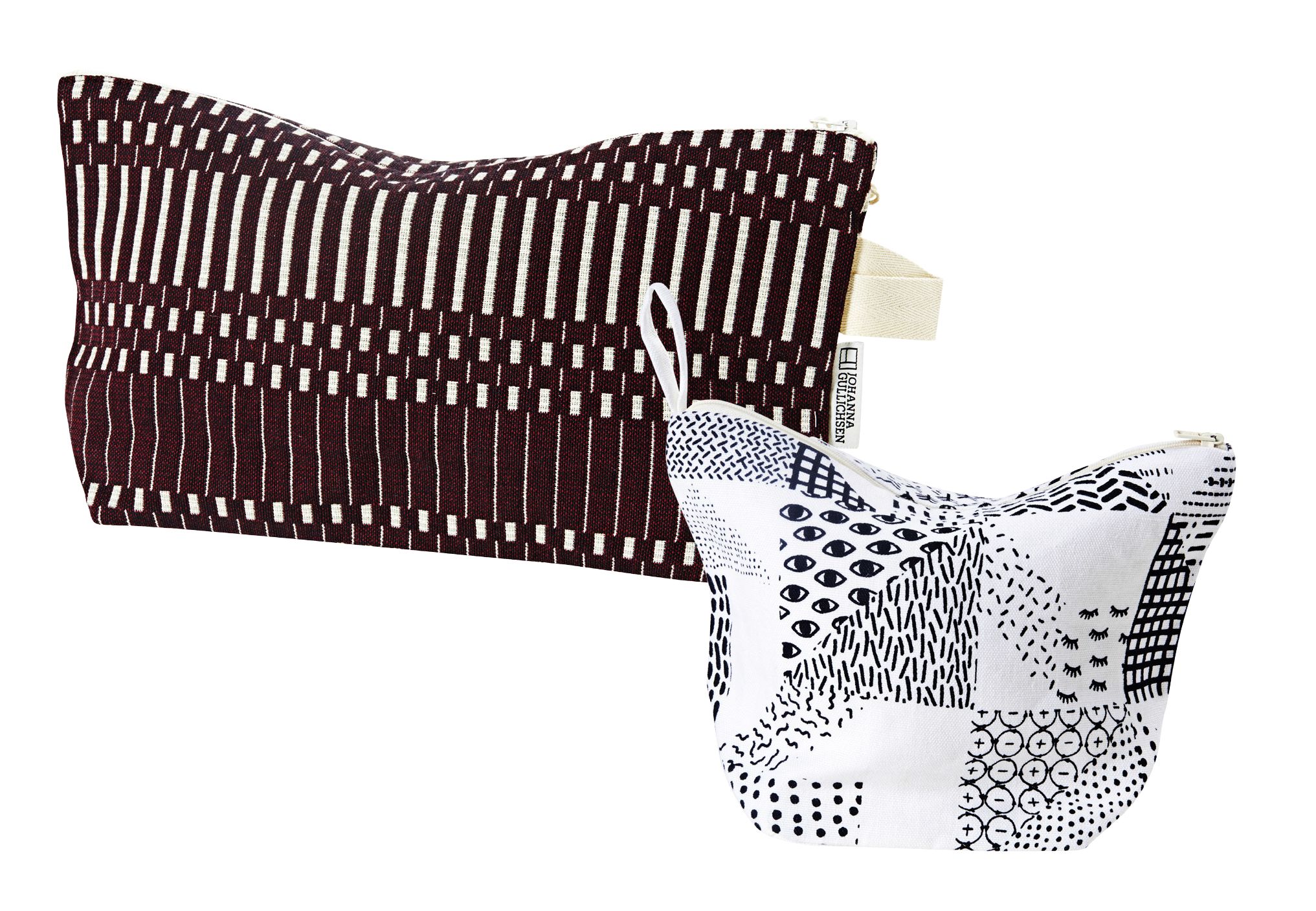 Punainen Normandie-kosmetiikkalaukku 50 e, Johanna Gullichsen. Saana& Olli -meikkipussi 27 e, Tre. 