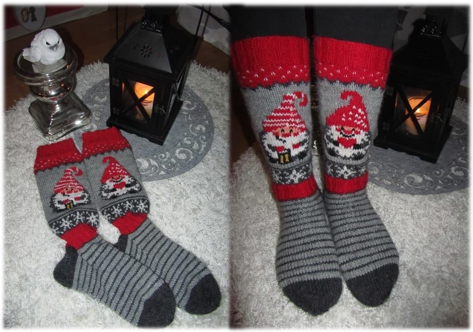 Tällaiset tonttusukat tein ja paketoin rakkaalle äidilleni joulupakettiin. Äitini rakastaa joulua ja varsinkin villasukkia, joten tiedän, että on mieleinen lahja. Tontun kuvat olen löytänyt Pinterestistä ja silmukoinut valmiisiin sukkiin. - Emmi Suominen