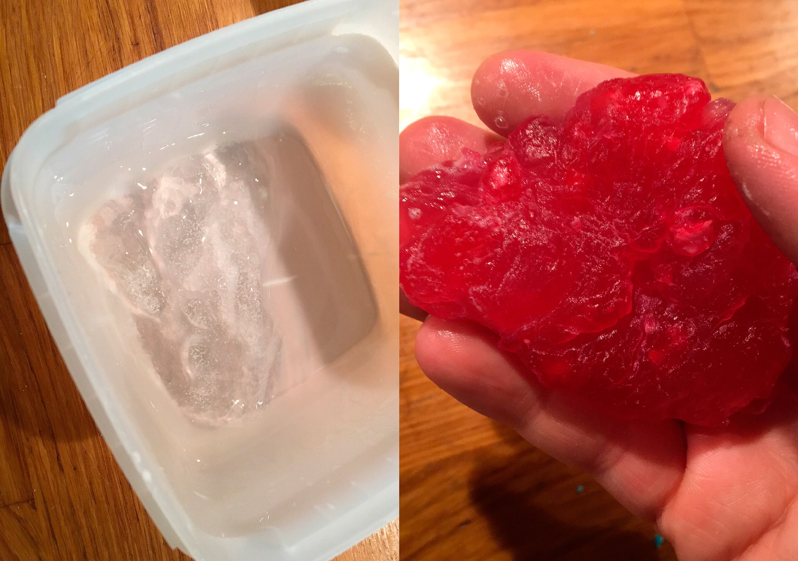 Kun vettä ja perunajauhoja kuumentaa mikrossa, syntyy kupliva, kiiltävä, venyvä massa. Muista antaa jäähtyä!