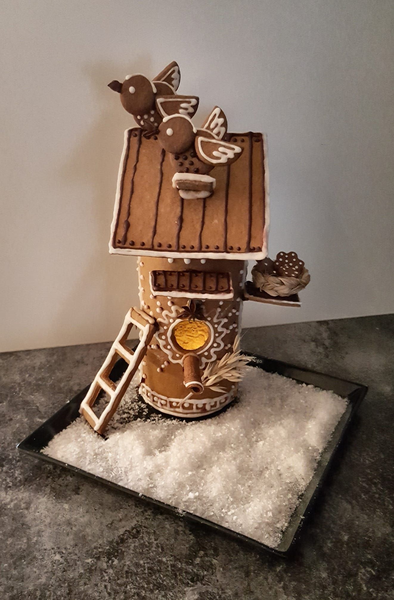 ”Meillä on tänä jouluna pyöreä piparkakkulinnunpönttö. Idea tähän löytyi netistä.” – Johanna Suonpää